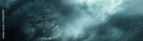 A ghostly ship appears on a sea of lost souls, enveloped in swirling fog photo
