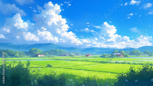 anime landscape with valley and green garden