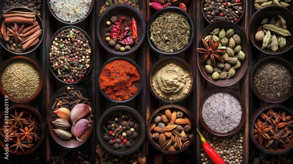Variety of spices in bowls on tabletop