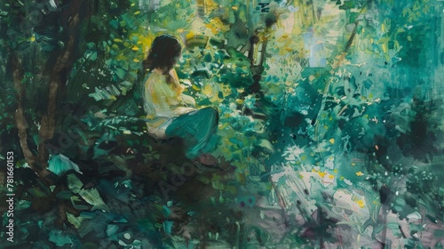 Woman sitting woods reading book