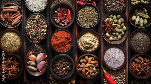 Variety of spices in bowls on tabletop