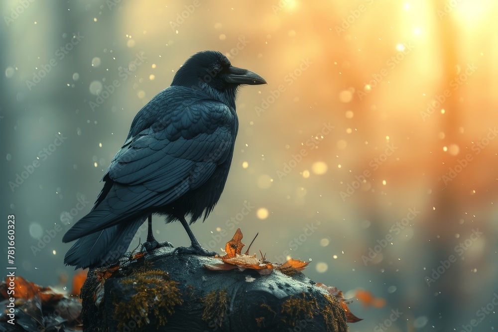 Fototapeta premium Serene portrait of a raven perched on a moss-covered rock with a blurred autumnal background and snowflakes
