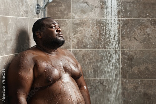 african man taking a shower but water is gone or cold. He is upset. photo