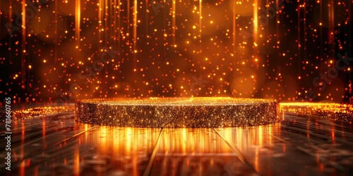 Empty stage with sparkling golden glitter and shimmering lights, creating a festive, magical atmosphere. Ideal for product display, celebrations, and events. photo