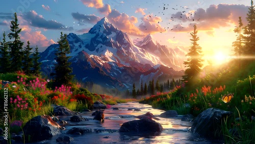 beautiful fantasy views of mountain peaks and lush green trees and small streams flowing at sunset. Seamless looping 4k time-lapse video animation background  photo