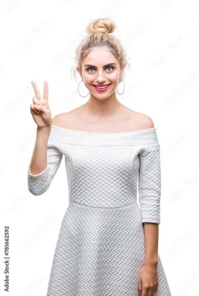 Young beautiful blonde and blue eyes woman over isolated background showing and pointing up with fingers number two while smiling confident and happy. Young beautiful blonde and blue eyes woman over isolated background showing and pointing up with fingers number two while smiling confident and happy.