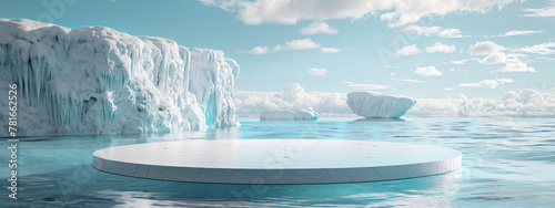 A round ice floe in the middle of an icy ocean, surrounded towering glaciers and blue sky with white clouds. The scene is set against a backdrop of polar light, creating a serene atmosphere for produc