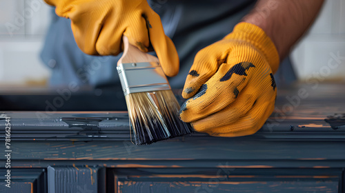 Closeup of man hands with gloves holding painting brush and painting dark kitchen cabinet into white color. Renewing restyling old fashioned wood furniture