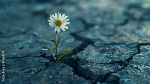 Daisy flower sprouting from cracks in the city's asphalt, showing the strength of mother nature. Concept of hope and resilience.