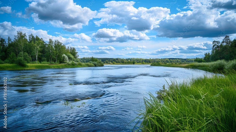 A peaceful river scene with trees and grass A peaceful river scene with trees and grass