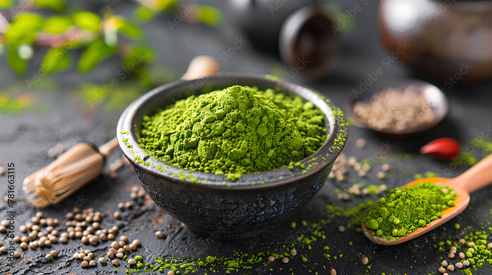 Bowl of green matcha powder with tea accessories
Bowl of green matcha powder with tea accessories