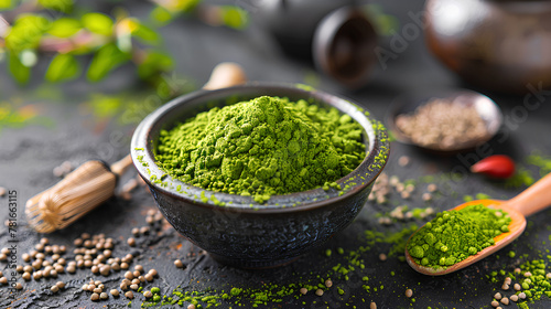  Bowl of green matcha powder with tea accessories