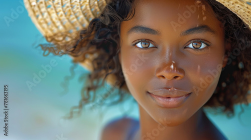 Close up of smiling young african girl in summer hat looking at camera at the beach.