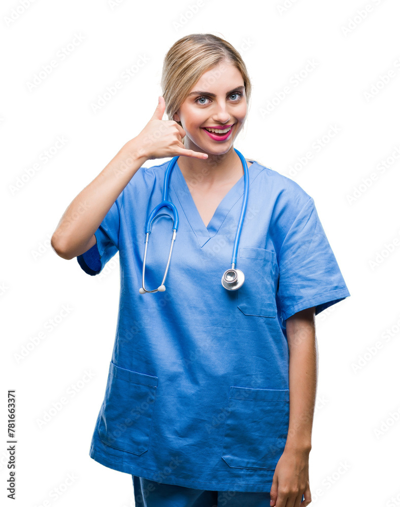 Young beautiful blonde doctor surgeon nurse woman over isolated background smiling doing phone gesture with hand and fingers like talking on the telephone. Communicating concepts. Young beautiful blonde doctor surgeon nurse woman over isolated background smiling doing phone gesture with hand and fingers like talking on the telephone. Communicating concepts.