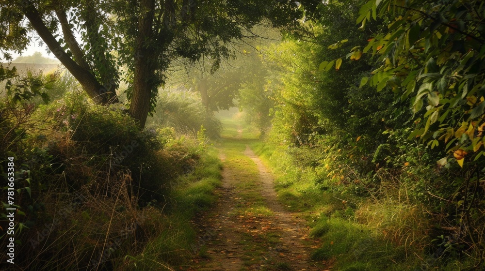 Path winding through dense woodland with tree