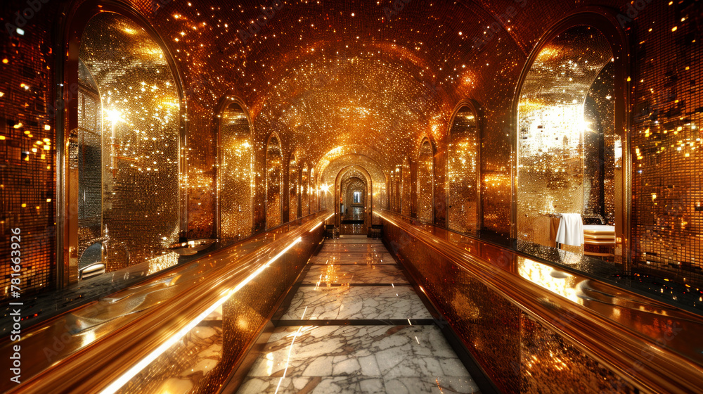 Golden amber dream-like interior of bathhouse