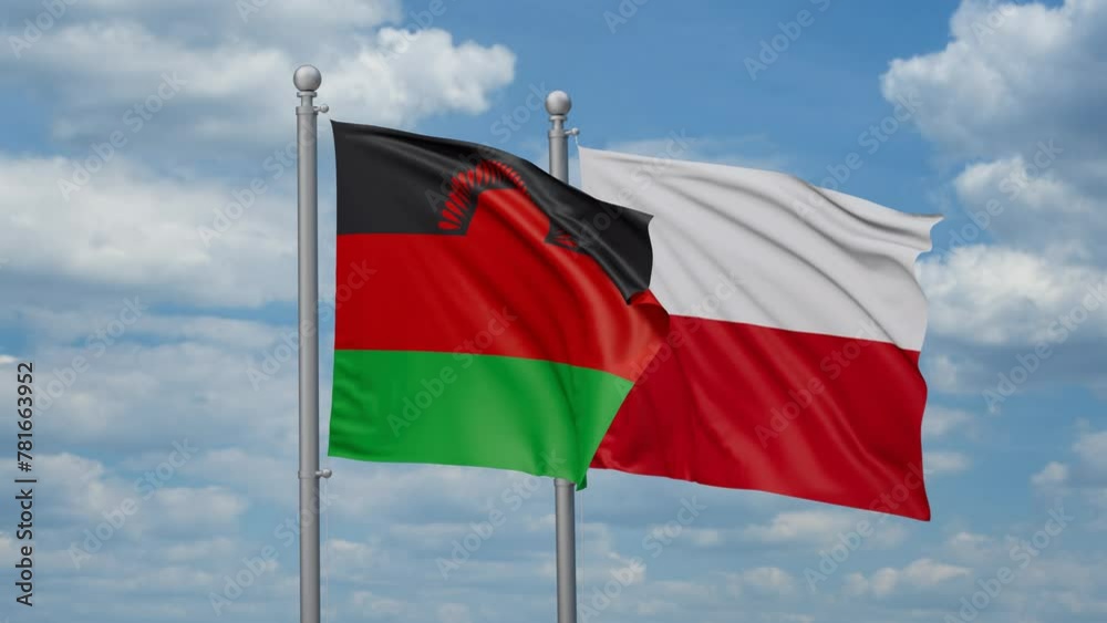 Poland and Malawi two flags waving together, looped video, two country cooperation concept Poland and Malawi two flags waving together, looped video, two country cooperation concept