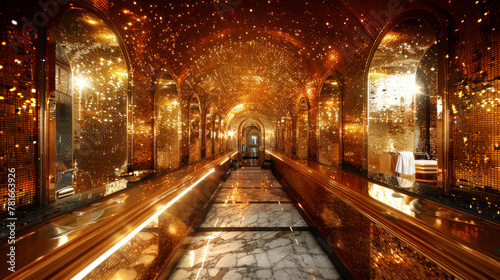 Golden amber dream-like interior of bathhouse