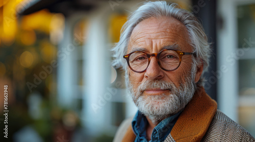 Close Up Portrait of a Cheerful Senior Man with Gray Hair Wearing Glasses Standing Outdoors in Front of a Residential Area Home. Retired Adult Man Looking at Camera and Smiling. photo