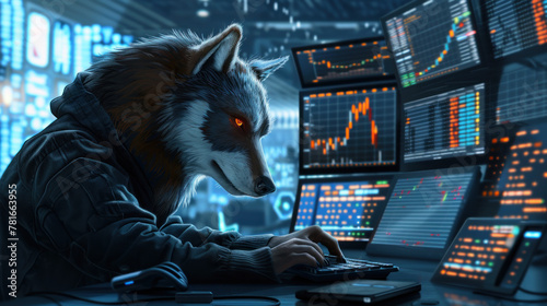Anthropomorphic wolf depicted as a computer hacker, scammer or market trader