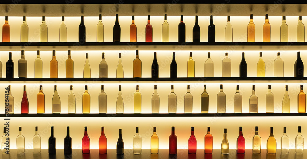 A lot of different bottles sitting on shelves in a bar, back light