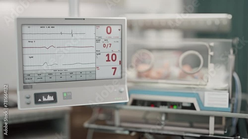 Clinic monitoring device displays the emergency condition of a newborn patient. Clinic technology displays the emergency life signs. Clinic equipment displays resurrection of a child after emergency. photo