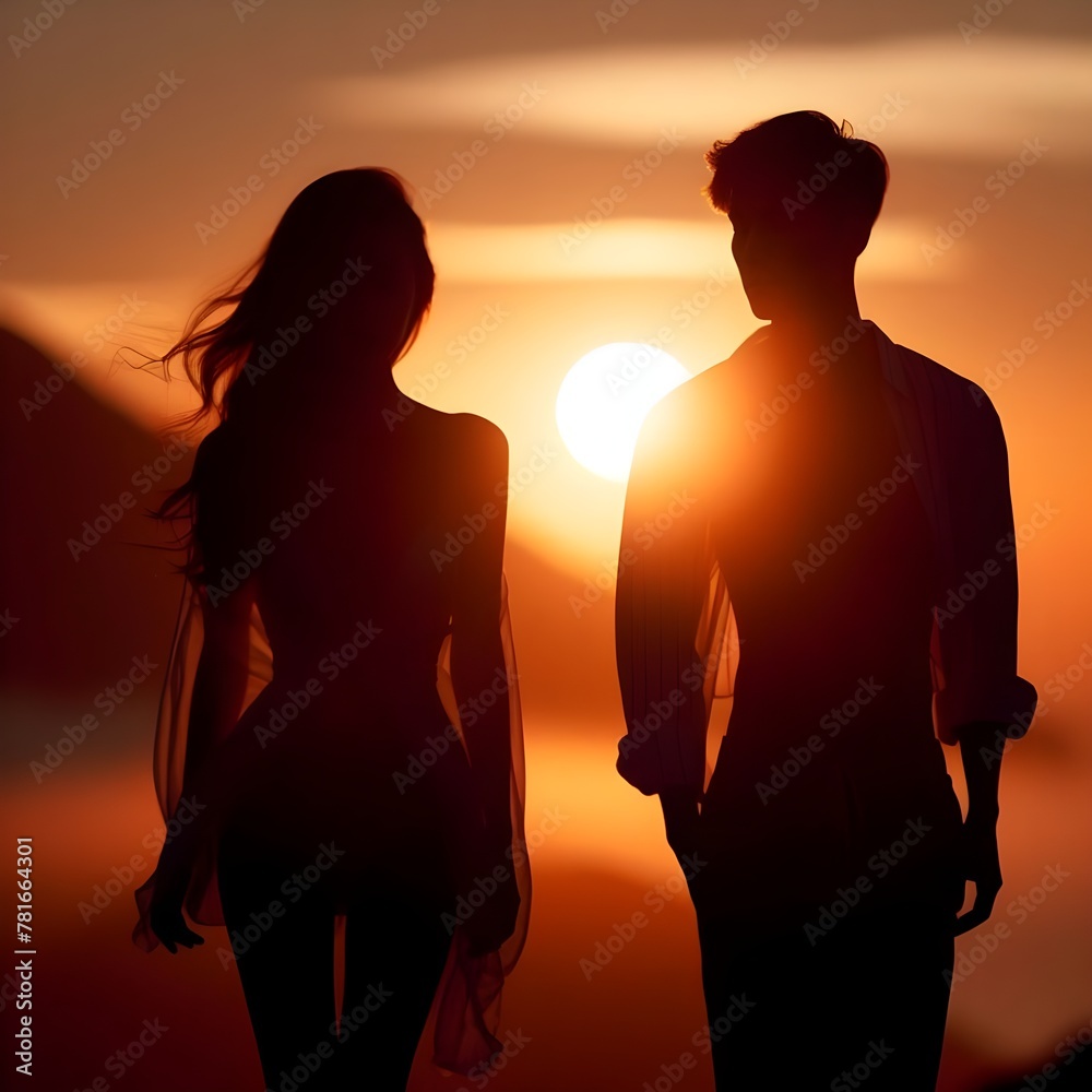 A lovely couple with a black silhouette walking through this pretty place in the evening sunset, I live in love. Generative AI