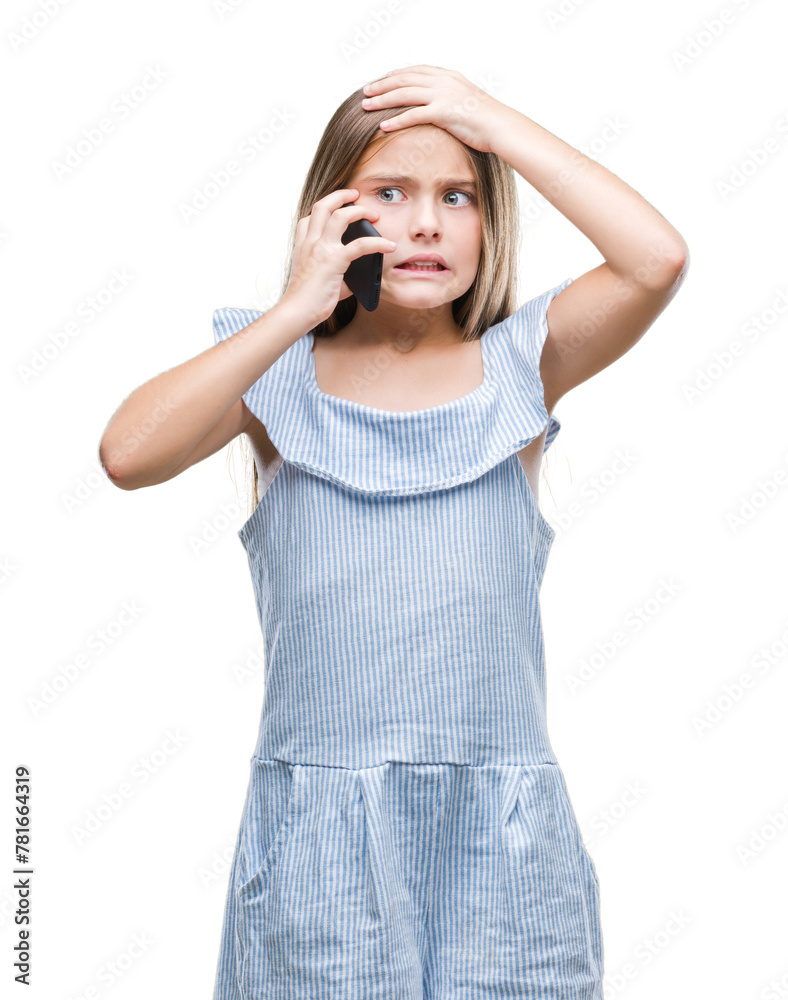 Young beautiful girl talking on the phone over isolated background stressed with hand on head, shocked with shame and surprise face, angry and frustrated. Fear and upset for mistake. Young beautiful girl talking on the phone over isolated background stressed with hand on head, shocked with shame and surprise face, angry and frustrated. Fear and upset for mistake.