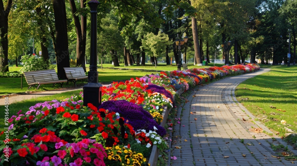 A path adorned with flowers alongside park benches and trees