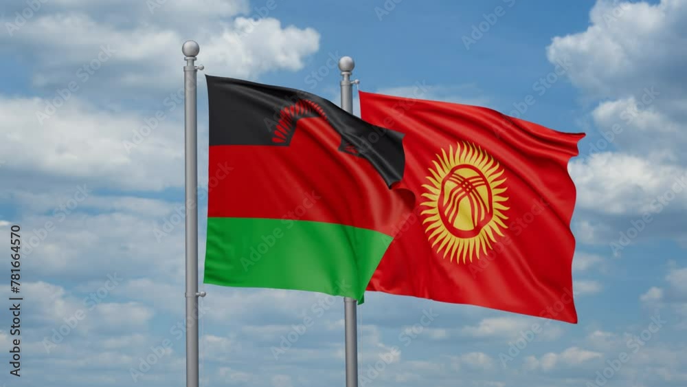 Kyrgyzstan and Malawi two flags waving together, looped video, two country relations concept Kyrgyzstan and Malawi two flags waving together, looped video, two country relations concept