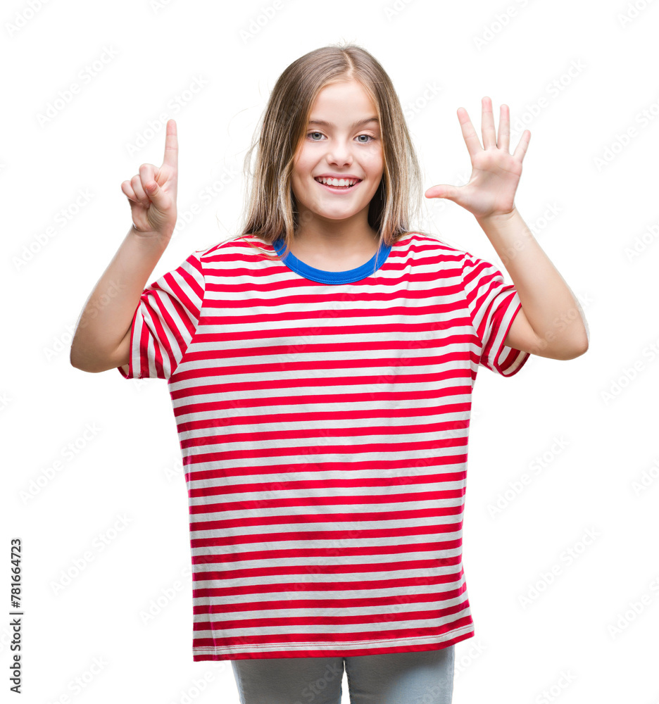 Young beautiful girl over isolated background showing and pointing up with fingers number six while smiling confident and happy. Young beautiful girl over isolated background showing and pointing up with fingers number six while smiling confident and happy.