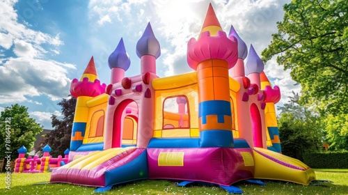 beautiful colorful inflatable castle in a garden patio during the day © Marco