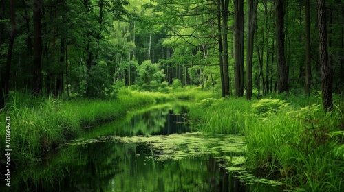 A stream flows through a vibrant green forest