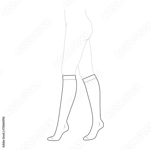 Stocking hosiery knee length hose. Fashion accessory clothing technical illustration. Vector side view for Men, women, unisex style flat template CAD mockup sketch outline isolated on white background