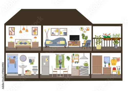 Sectional view of a low-rise sectional cottage. Dollhouse interior concept. Furnished rooms. Hallway and kitchen. Living room and bedroom. Bathroom. Balcony with flowers. Flat style. Vector.