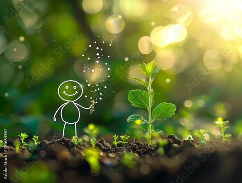 A stickman is holding a plant in his hand