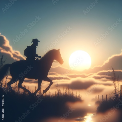 The sight of the evening sunset riding a horse in a pretty place  a person in a black silhouette  a dreamy atmosphere  Generative AI
