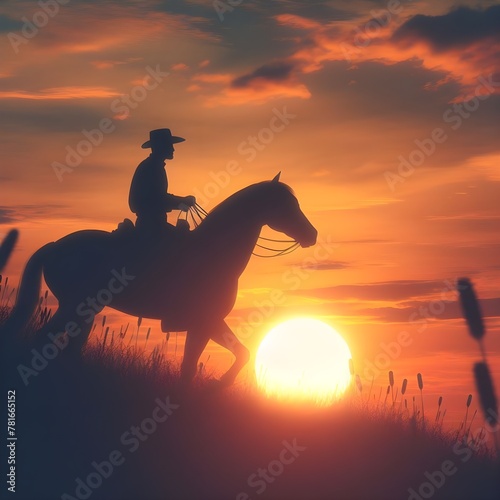 The sight of the evening sunset riding a horse in a pretty place, a person in a black silhouette, a dreamy atmosphere, Generative AI © slowlife kim