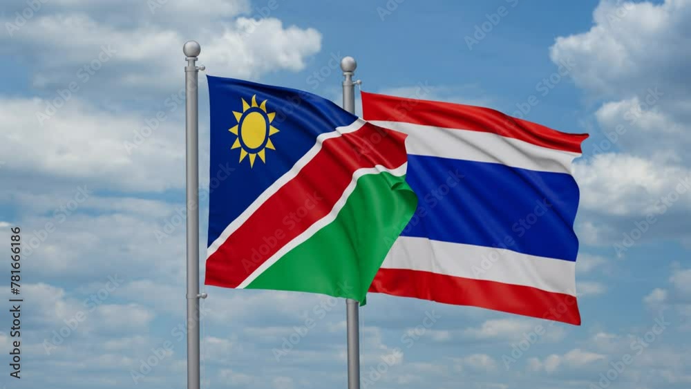 Kingdom of Thailand and Namibia two flags waving together, looped video, two country cooperation concept Kingdom of Thailand and Namibia two flags waving together, looped video, two country cooperation concept