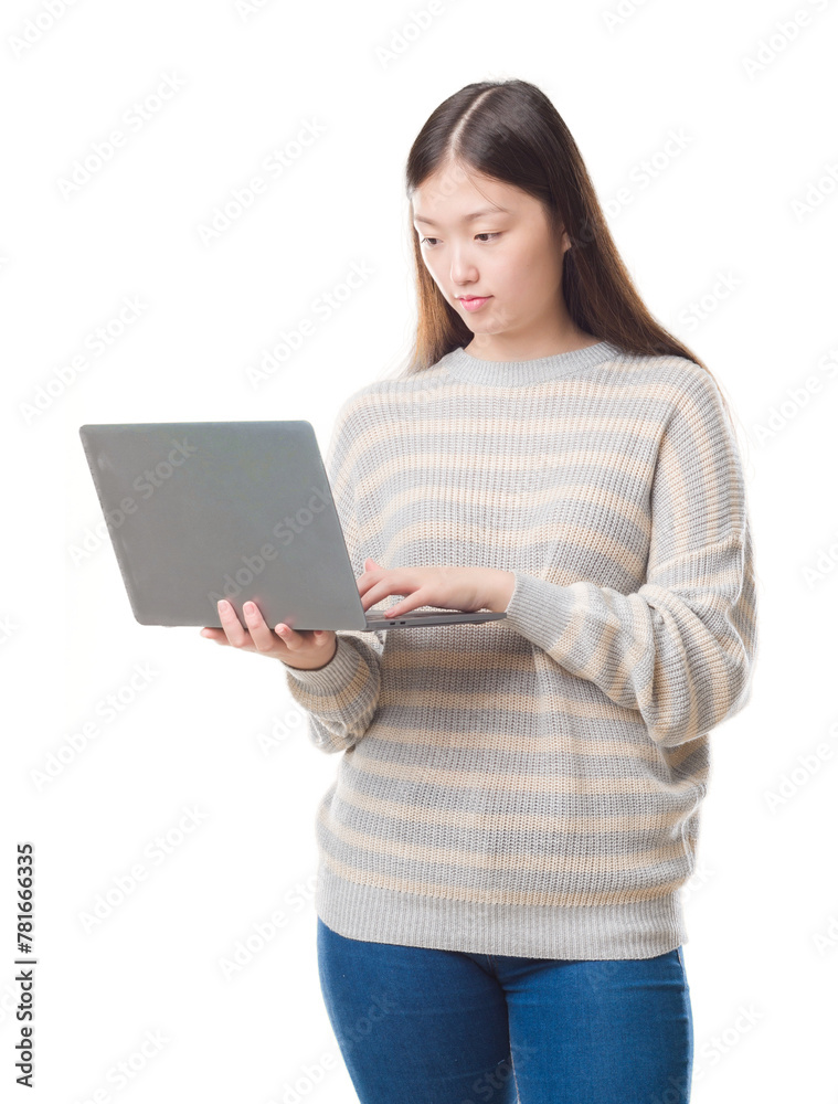 Young Chinese woman over isolated background using computer laptop with a confident expression on smart face thinking serious Young Chinese woman over isolated background using computer laptop with a confident expression on smart face thinking serious