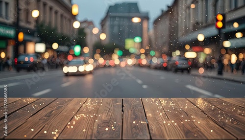 a wooden table with a blurry traffic road background