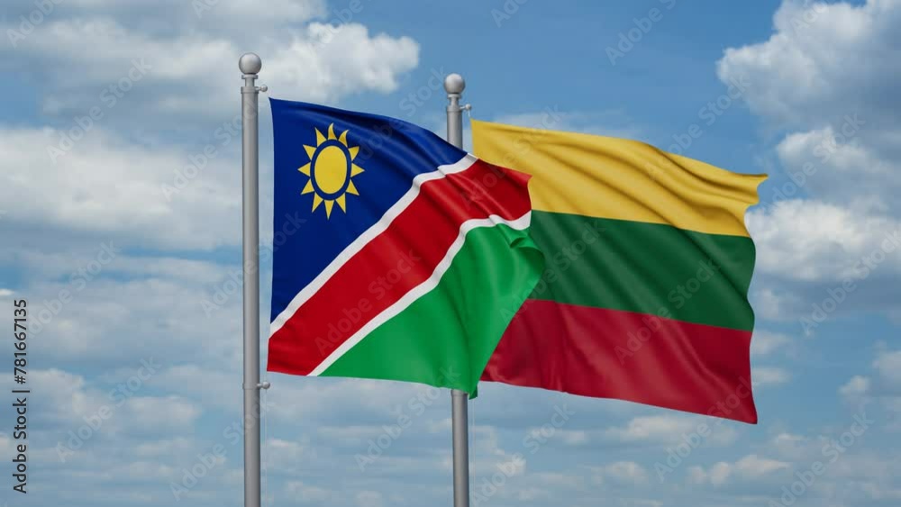 Lithuania and Namibia two flags waving together, looped video, two country relations concept Lithuania and Namibia two flags waving together, looped video, two country relations concept
