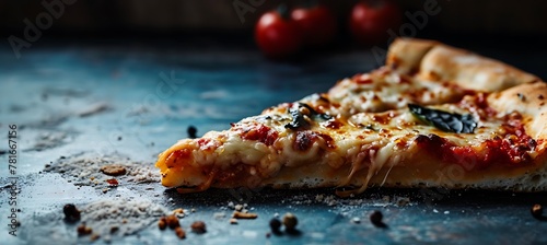 Delicious Cheesy Pizza Slice on a Simple Blue Background: Ideal Ultra-Wide Banner for Logos and Text Advertisement