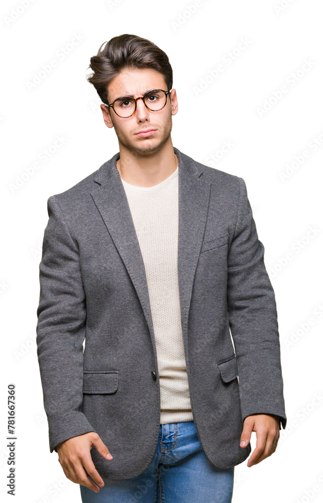 Young business man wearing glasses over isolated background depressed and worry for distress, crying angry and afraid. Sad expression.