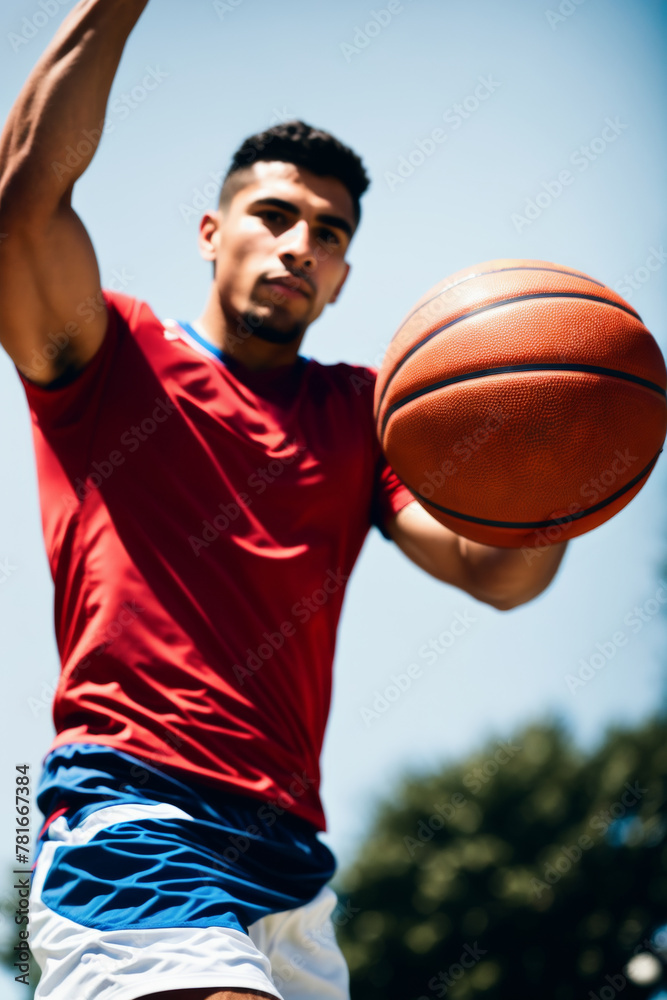 Naklejka premium Upper body shot of an Latino athlete holding a basketball, ready to take a shot, showcasing skill and concentration. AI generated.