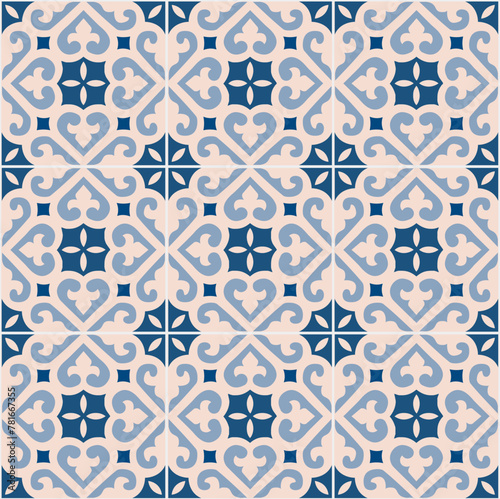 Portuguese tiles. Tiles in beige and blue tones. Ceramic Tiles. Hydraulic Portuguese ceramic design.