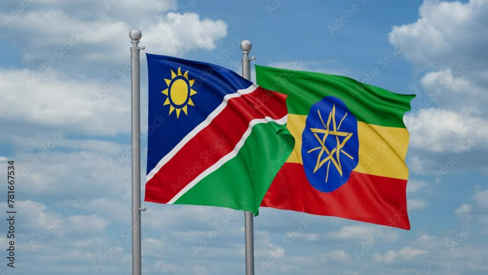 Ethiopia and Namibia two flags waving together, looped video, two country relations concept Ethiopia and Namibia two flags waving together, looped video, two country relations concept