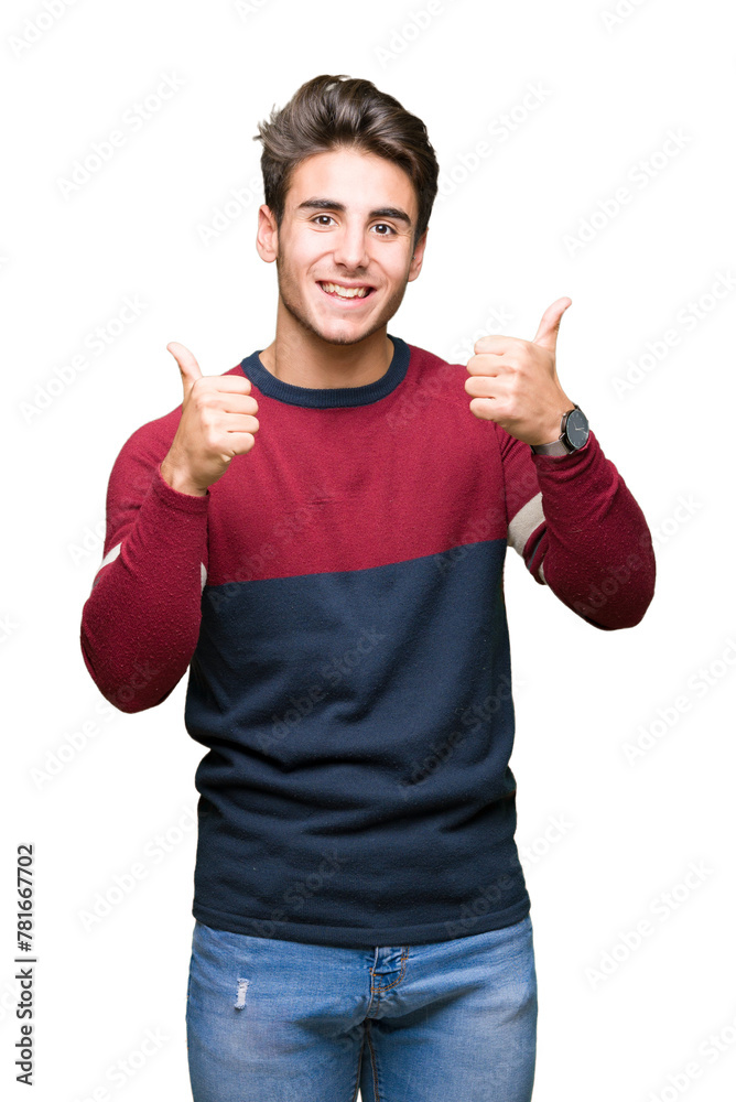 Young handsome man over isolated background success sign doing positive gesture with hand, thumbs up smiling and happy. Looking at the camera with cheerful expression, winner gesture. Young handsome man over isolated background success sign doing positive gesture with hand, thumbs up smiling and happy. Looking at the camera with cheerful expression, winner gesture.