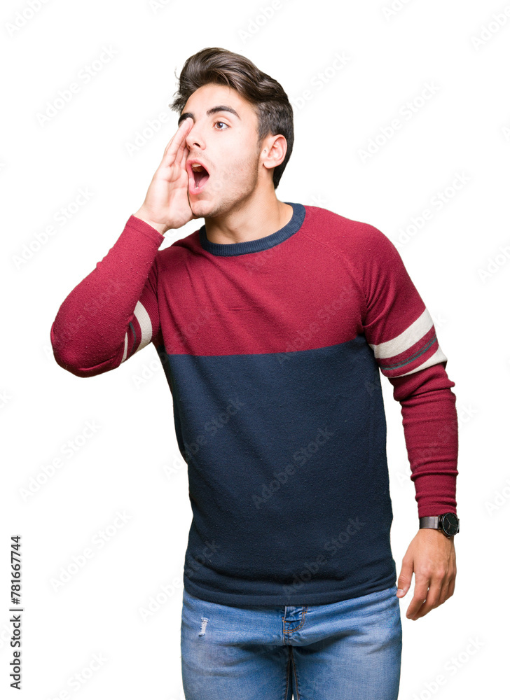 Young handsome man over isolated background shouting and screaming loud to side with hand on mouth. Communication concept. Young handsome man over isolated background shouting and screaming loud to side with hand on mouth. Communication concept.
