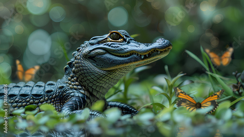  A young alligator surrounded by aquatic vegetation and butterflies